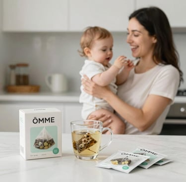 Warm, serene photo of a mother enjoying a cup of ōmme black tea lactation blend by a sunlit window.