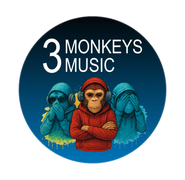 3 Monkeys Music logo. Hear no evil, see no evil, just play great music.