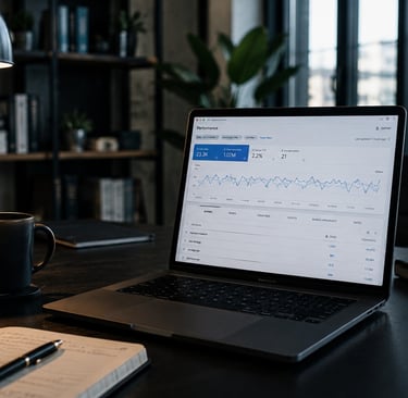 Pantalla con gráficos de crecimiento y palabras clave optimizadas para servicio profesional de posicionamiento SEO.