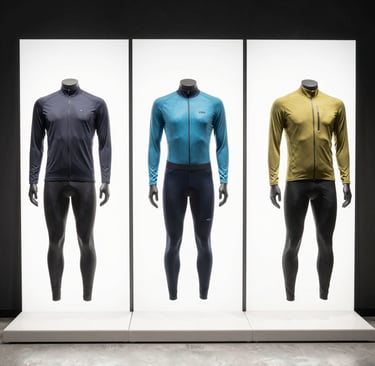 Cyclist wearing premium black and red cycling apparel riding through a scenic mountain trail.