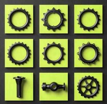 High-performance cycling components neatly arranged on a white surface with subtle shadows.