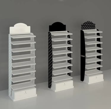 Three sleek retail display shelves in black and white for professional product merchandising.