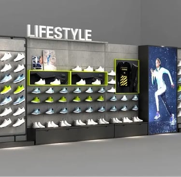 Modern retail footwear display with rows of lifestyle sneakers on a wall shelf and LED signage.