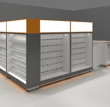 Modern retail display kiosk with lighted shelves and pegboard hooks for product merchandising.
