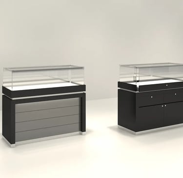 Two black modern glass display cases for jewelry stores with LED lighting and storage cabinets.