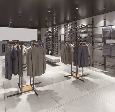 Modern minimalist clothing store interior featuring organized garment racks, shoe displays, and backpacks.