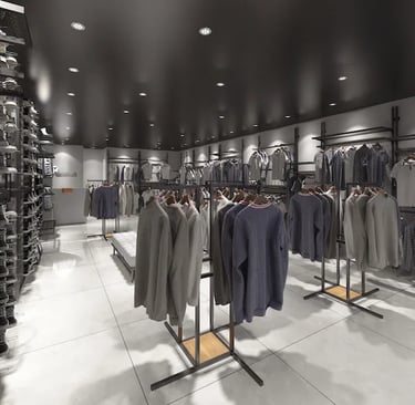 Modern retail clothing store interior with sneakers on wall racks and apparel on metal display stands.