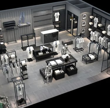 Modern industrial clothing store interior with minimalist racks, display tables, and silver mannequins.