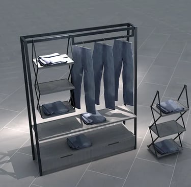 Modern industrial retail clothing display rack with hanging denim jeans and folded apparel on wooden shelves.