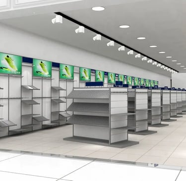 Modern retail store display shelving and wall-mounted shoe racks with track lighting and posters.