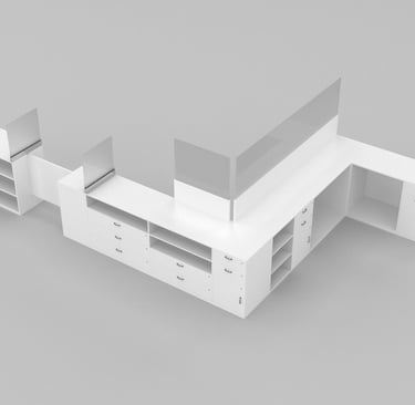 White modular L-shaped reception desk with built-in storage drawers and acrylic sneeze guards.