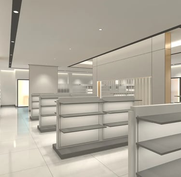 Modern white retail store interior featuring empty modular display shelves and bright LED track lighting.