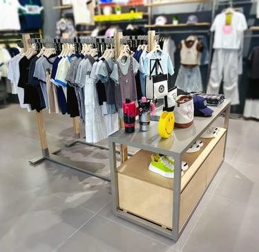Children's apparel display in a modern retail store featuring t-shirts, sneakers, and trendy accessories.
