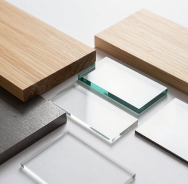 Modern interior design material samples featuring light wood planks, clear glass tiles, and dark stone.