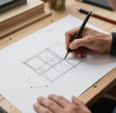 Architect sketching a detailed building blueprint on paper using a precision pencil at a wooden desk.