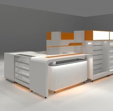 Modern white and orange retail kiosk with modular display shelving and service counter.
