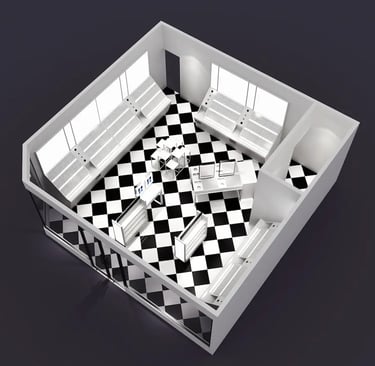 Top-down 3D store floor plan with retail shelving and black and white checkered flooring.