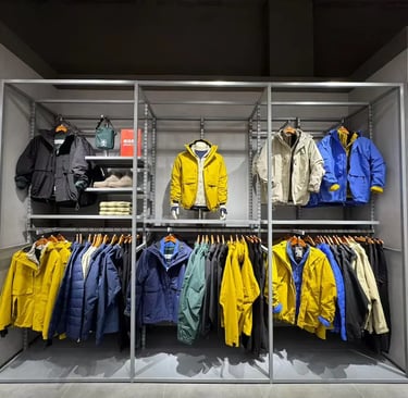 Winter jackets and outdoor coats displayed on metal racks in a modern retail clothing store.