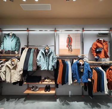 Display of outdoor outerwear jackets and hiking boots in a modern clothing retail store.
