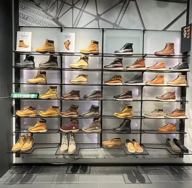 Display of Timberland men's leather boots and shoes on retail shelving in a store.