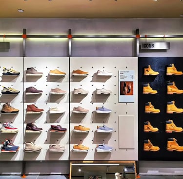 Display of Timberland outdoor boots and casual footwear on a modern retail store wall shelf.