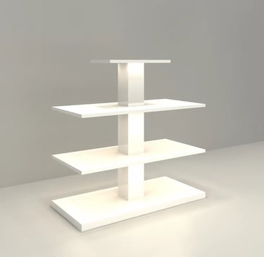 Modern white minimalist tiered retail display stand with three levels for store merchandise.