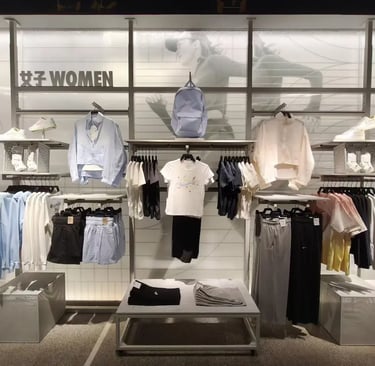Modern women's athletic apparel display featuring Nike activewear, jackets, and shorts in a retail store.