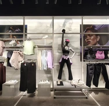 Athletic apparel display in a retail store featuring women's gym wear, leggings, and sports bras.