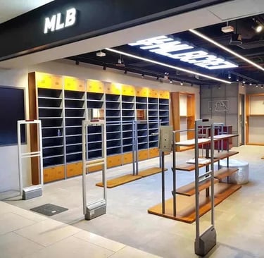 Empty MLB retail store interior with display shelves, clothing racks, and security gates.
