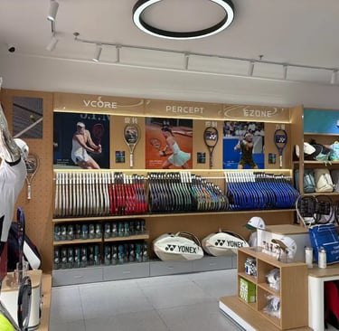 A well-organized Yonex tennis shop featuring rows of VCORE, PERCEPT, and EZONE rackets and gear.