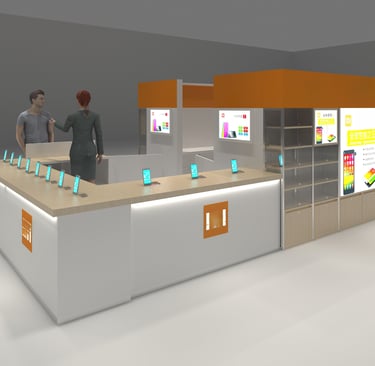 Modern mobile phone display booth featuring Mi brand smartphone kiosks and retail shelving.