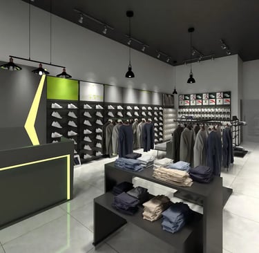 Modern sports apparel store interior featuring organized shelves of sneakers and displays of athletic clothing.