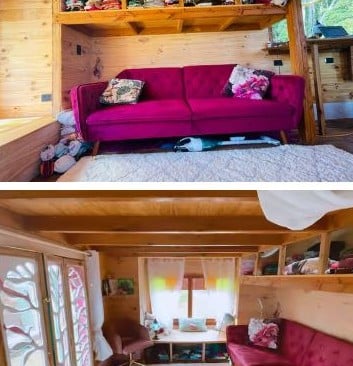 timber cabin interior with lounge and furnishings