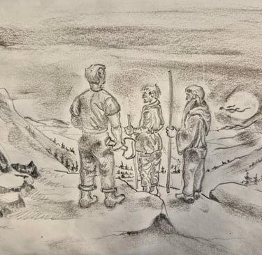 a drawing of a group of people standing on a mountain