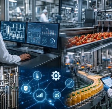 Picture of worker monitoring a SCADA controls and images of different food processing pictures