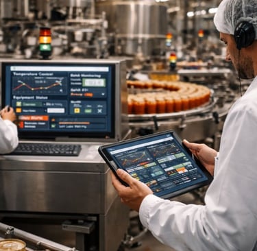 Worker monitoring food production efficiency with SCADA