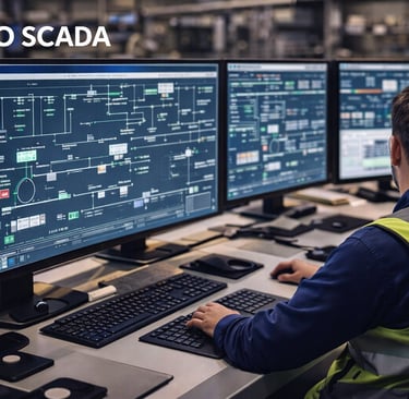 Image of an SCADA system and multiple monitors