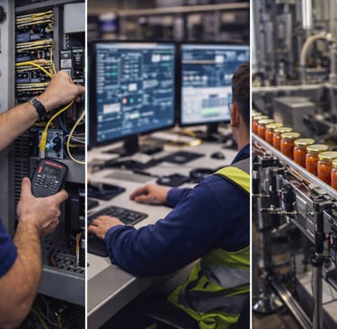 3 images o in an industrial setting. You can see a worker on and a canning line