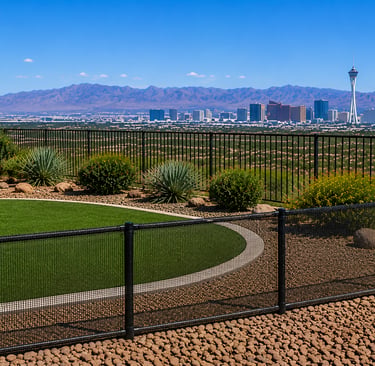 Professional snake fencing protecting a Las Vegas backyard with desert landscaping and mountain views