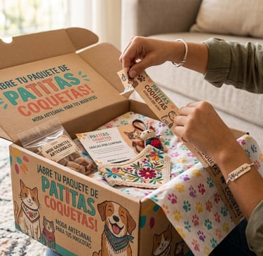 persona abriendo una caja de ropa de patitas coquetas