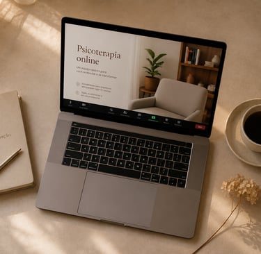 Laptop showing an online psychotherapy session website next to a notebook and coffee cup.