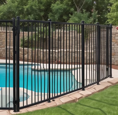 A serene pool area featuring custom pool landscaping and elegant pool fencing installation.