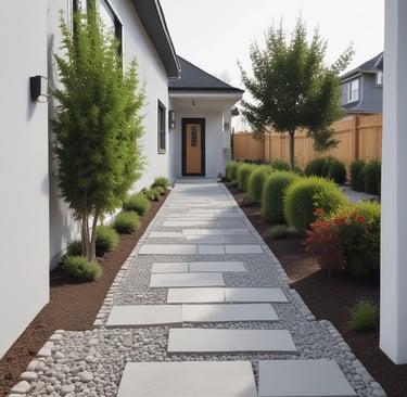 Tropical landscaping around a cozy stone pathway leading through a shaded garden retreat.