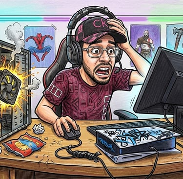 Um gamer com setup de baixo orçamento, mostrando que é possível superar obstáculos para evoluir.
