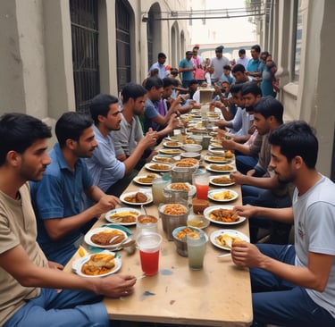 Children from diverse backgrounds smiling and enjoying a communal feast outdoors.