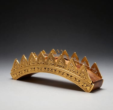 Detailed photography of a handcrafted gold North African / Moroccan oud bridge with intricate patterns, set against a black minimalist background. Soft studio lighting in gold and white tones.