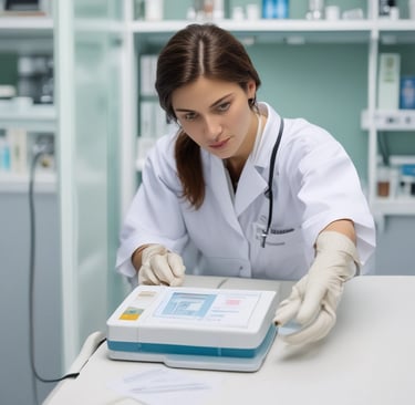A friendly lab technician assisting a patient at the lab reception desk.