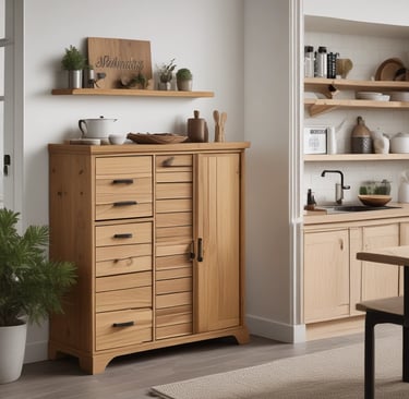 A sleek wooden dining table with yellow accents set in a bright, industrial-style room.