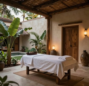 A serene aerial view of a luxurious African villa surrounded by lush greenery at sunset.