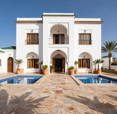 Modern Casablanca apartment with floor-to-ceiling windows overlooking the city skyline at sunset.